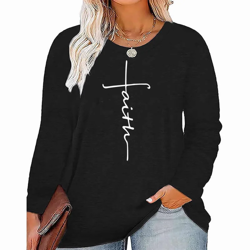 Online Only faith cross pattern Plus Size Women's Top Autumn X-Large-5X-Large woman clothes y2k t shirt oversized long sleeve tshirt