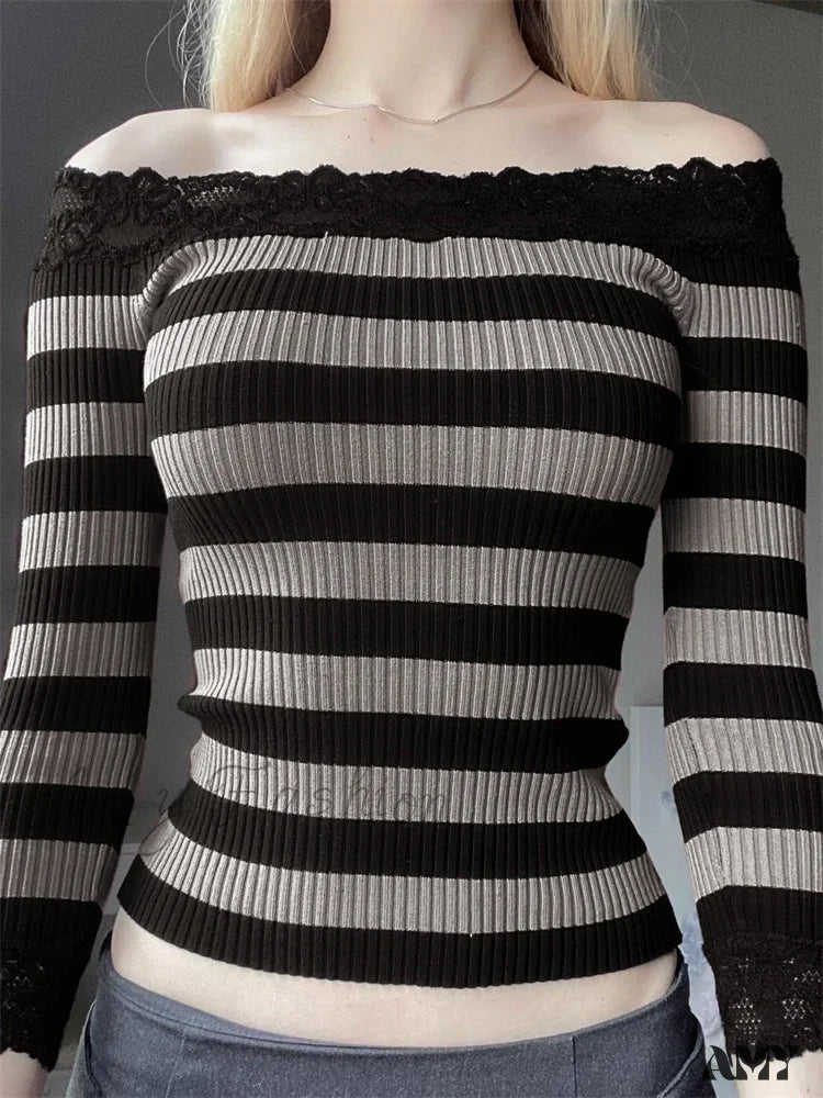 Weekend Bargains to Snag Amy Fashion - Casual Long Sleeve Retro Striped Off-Shoulder T-Shirts