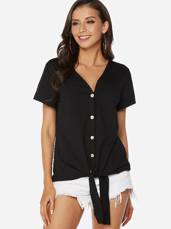 Instant Discount Custom V-Neck Plain Lace-Up Short Sleeve T-Shirts