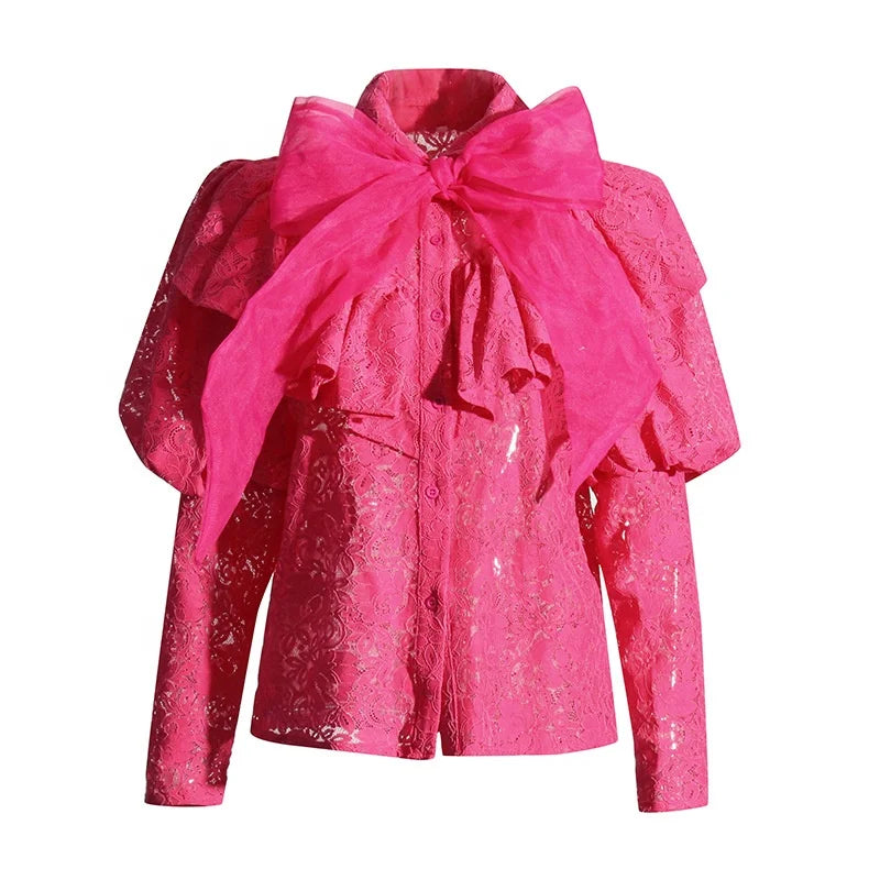 Best Deals OUDINA French Lady Style Blouses With Bow 2024 Spring New Fashion Embroidered Lace Blouse Elegant Women