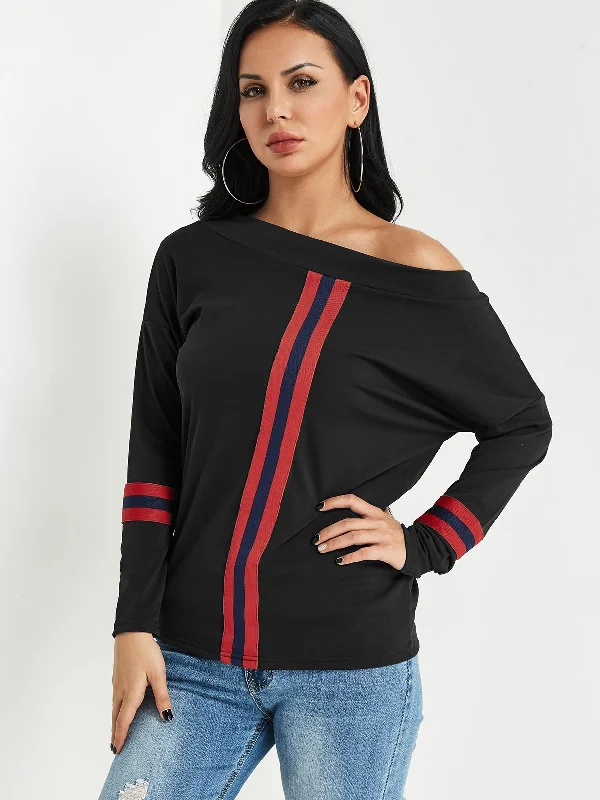 Instant Discount Custom One Shoulder Stripe Long Sleeve Top