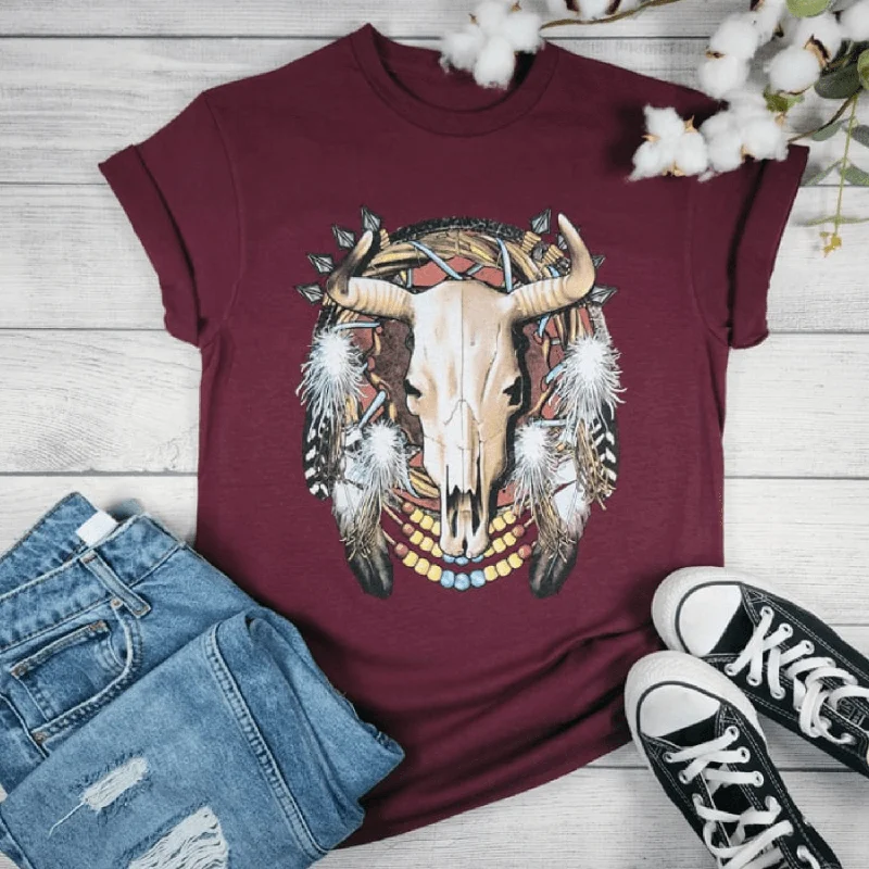 Crazy Deals Cow Skull With Dreamcatcher Graphic T-shirt