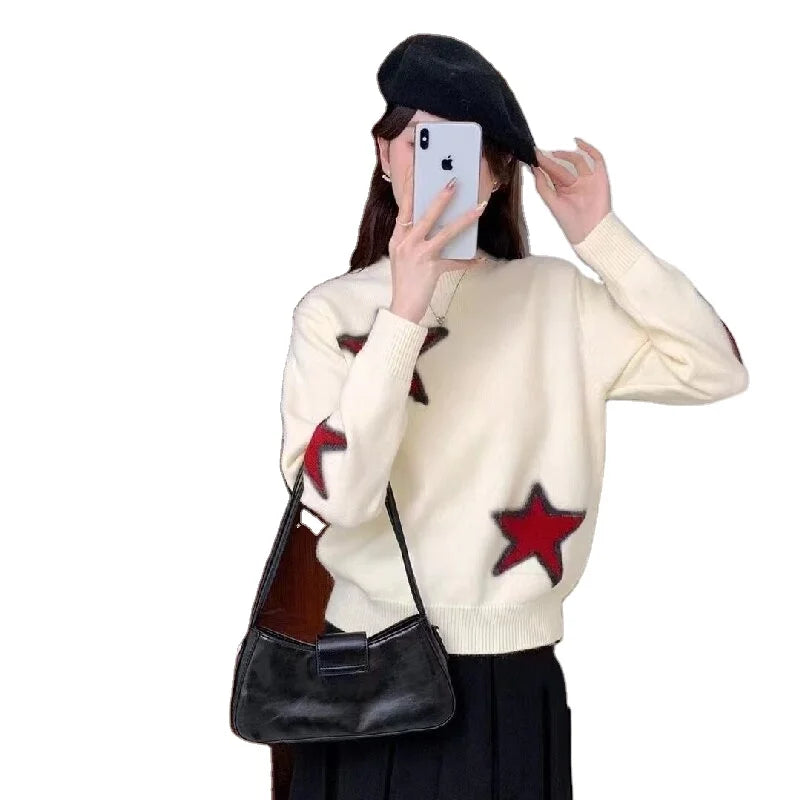 Weekend Specials Just for You 2024 spring high-quality best-selling round neck loose fashion women's solid color five-pointed star jacquard boutique knitwear