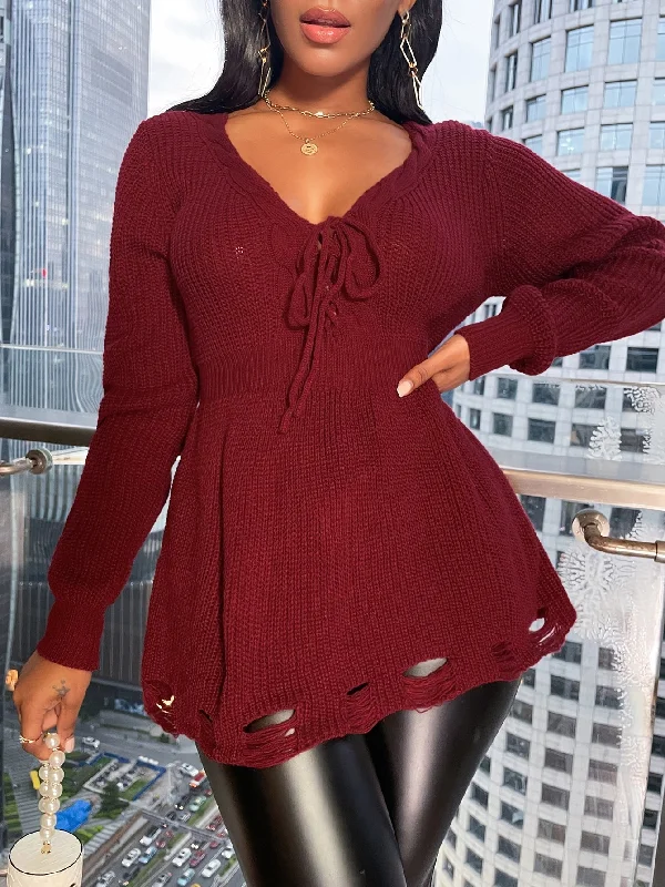 Stock Clearance Casual Plain Knot Long Sleeve V Neck Regular Women Sweater