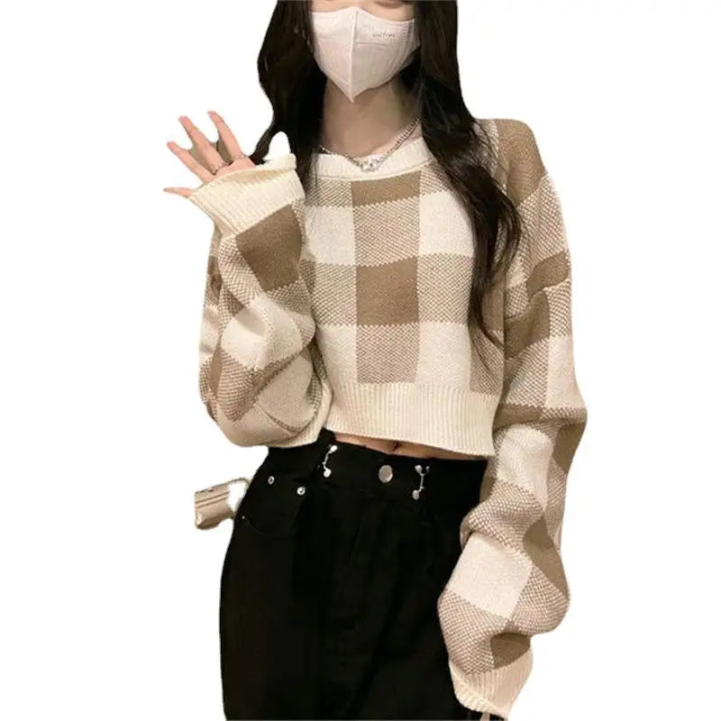 Shop the Weekend Away Spring autumn fashion ladies new arrival round neck high-quality simple plaid jacquard long sleeve solid color pullover sweater
