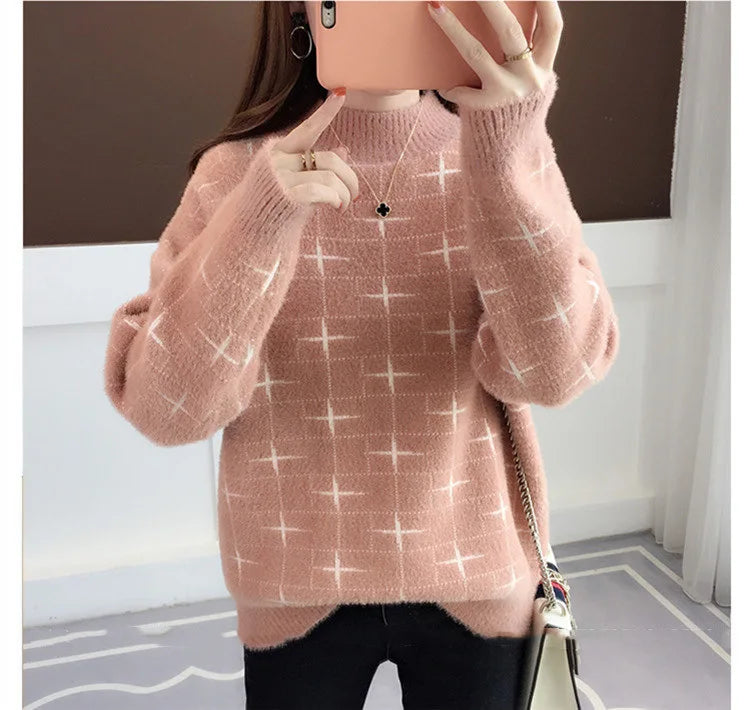 Overstock 2024 Spring new arrival Ladies mock neck long sleeve loose fit cable knit women sweater jumper