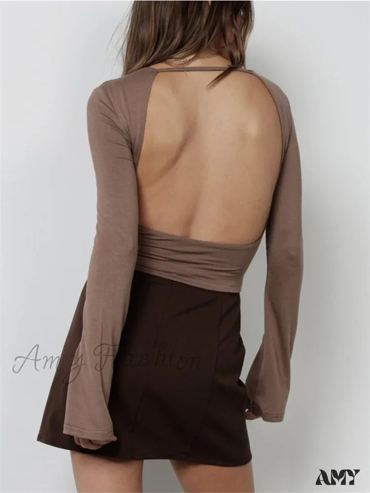 Special Discount Amy Fashion - Solid Slim Fit Basic Backless Flare Sleeve T-Shirts