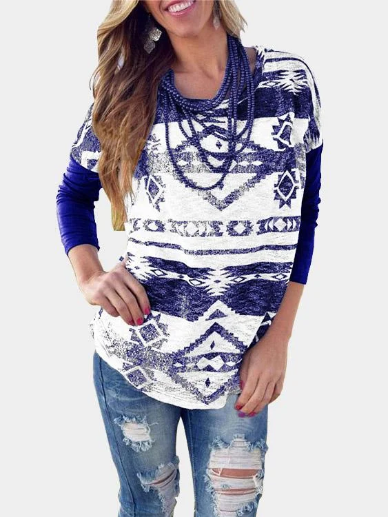 Reduced Rates Custom Round Neck Geometrical Long Sleeve Curved Hem Blue T-Shirts