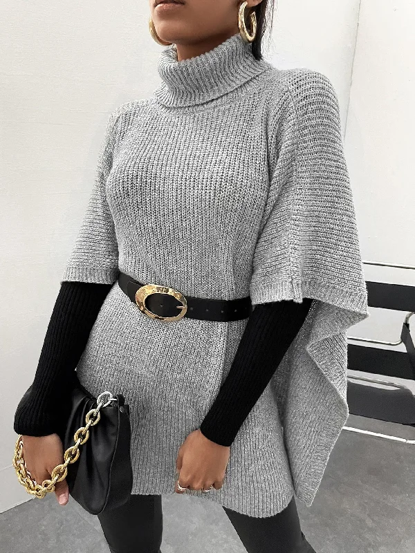 Deal Explosion Casual Plain Asymmetrical Three Quarter Length Sleeve High Neck Asymmetrical Long Women Sweater