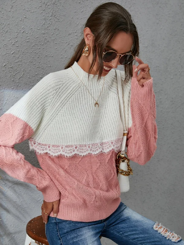 Take Advantage Casual Colorblock Contrast Lace Long Sleeve Stand Collar Regular Women Sweater
