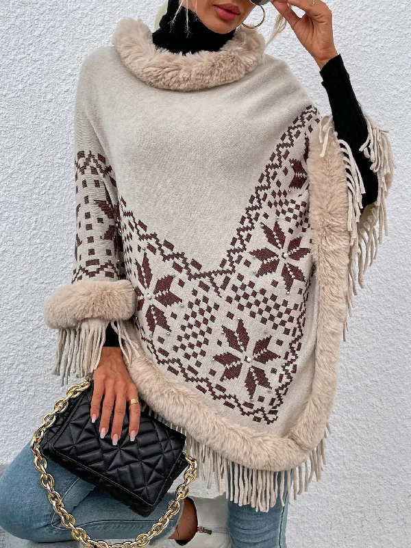 Quick Sale Casual Geometric Contrast Faux Fur Long Sleeve Hooded Long Women Sweater