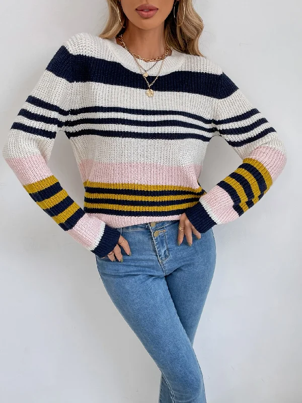 Deal of the Week Casual Striped Long Sleeve Round Neck Regular Women Sweater