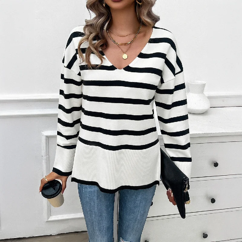 Price Break Loose Contrast Color V-Neck Long Sleeve Sweater Wholesale Womens Clothing N3824070500009