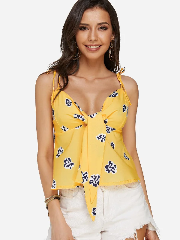 Special Price Custom V-Neck Floral Print Spaghetti Strap Sleeveless Yellow Camis