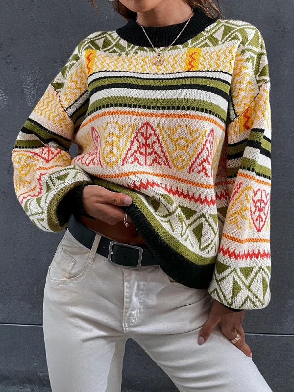 Closeout Sale Casual Geometric Long Sleeve Stand Collar Regular Women Sweater