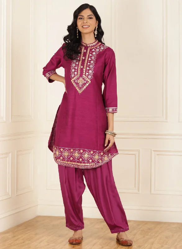 Lowest Prices Fuchsia Embroidered Party Wear Kurta Set with Mirror Work