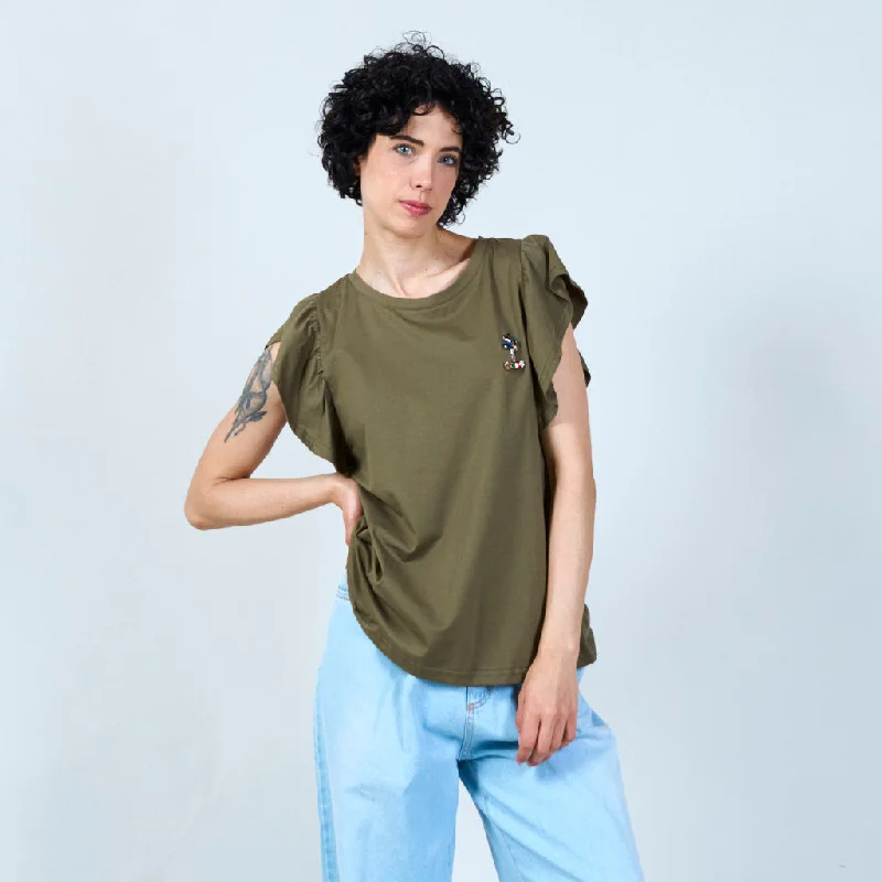 Unwind with Weekend Discounts Ruffled sleeve t-shirt with embroidered accent wholesale