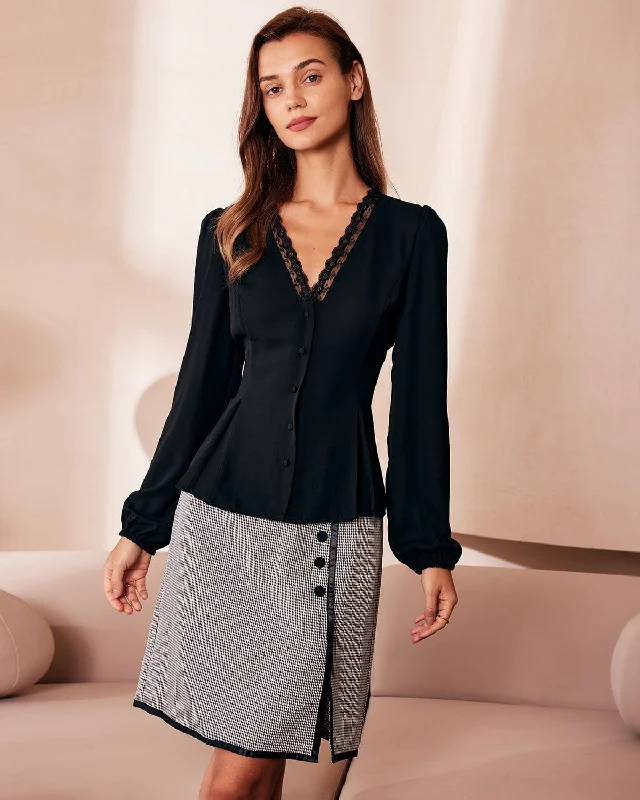 Limited Time Discount The Black V Neck Lace Trim Button Blouse