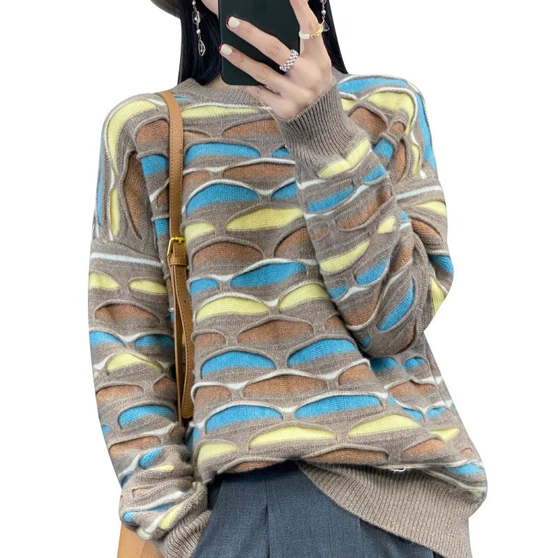 Weekend Savings Bonanza 2024 Spring and autumn high-quality best-selling fashion women's striped crew collar long sleeve loose jacquard knit sweater Weekend Savings Bonanza 2024 Spring and autumn high-quality best-selling fashion women's striped crew collar long sleeve loose jacquard knit sweater
