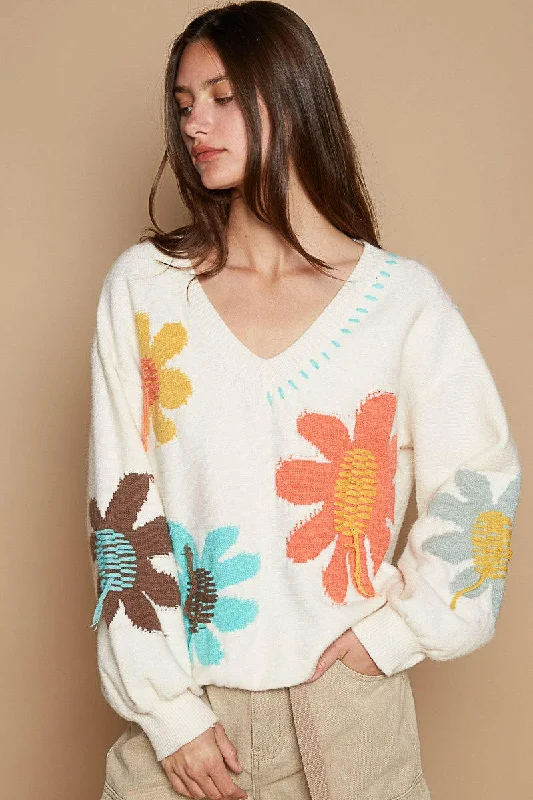 Weekend Bargains Await You POL V-Neck Long Sleeve Flower Fringe Sweater