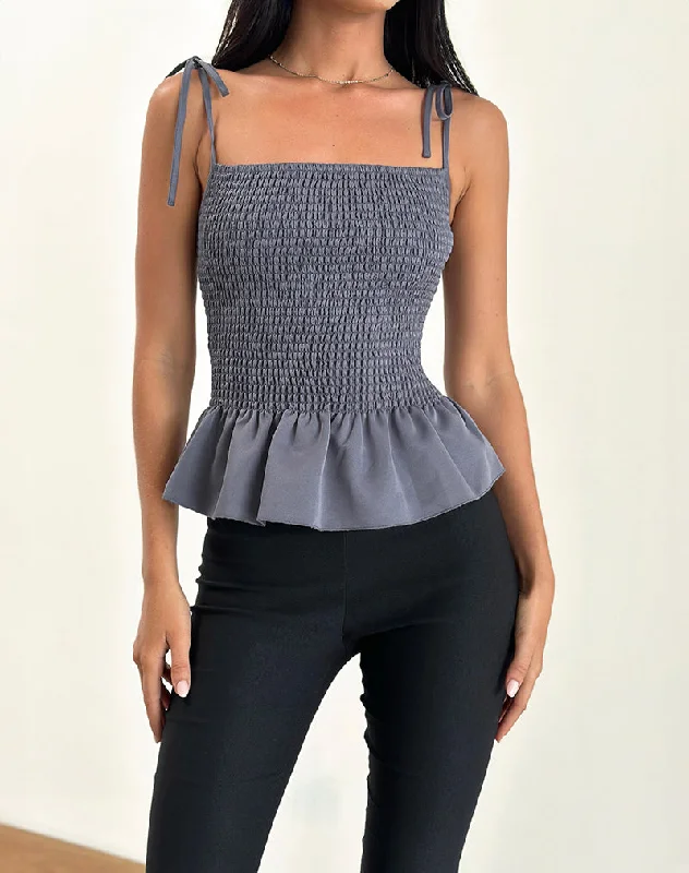 Deal Zone Seora Tie Shoulder Shirred Top in Grey