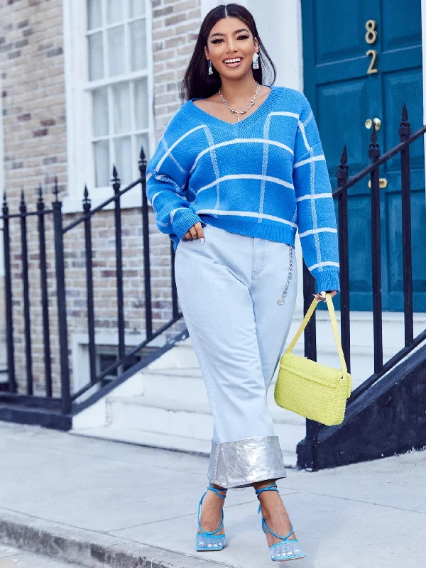 The Best Prices Plaid Long Sleeve V Neck Regular Plus Size Sweater