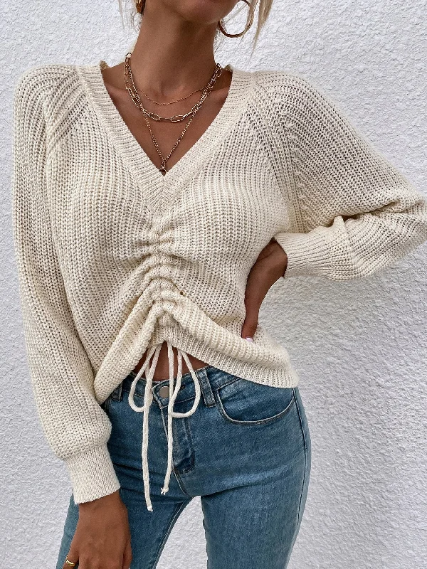 Can't Resist Casual Plain Drawstring Long Sleeve V Neck Regular Women Sweater