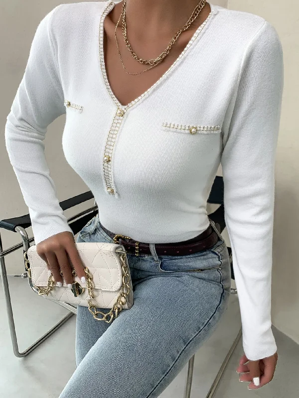 Value Deals Casual Plain Tape Long Sleeve V Neck Semi-Sheer Women Sweater
