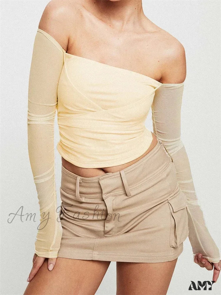 Now or Never Amy Fashion - Slash Neck Off Shoulder Mesh See Through Long SleeveT-shirts Now or Never Amy Fashion - Slash Neck Off Shoulder Mesh See Through Long SleeveT-shirts