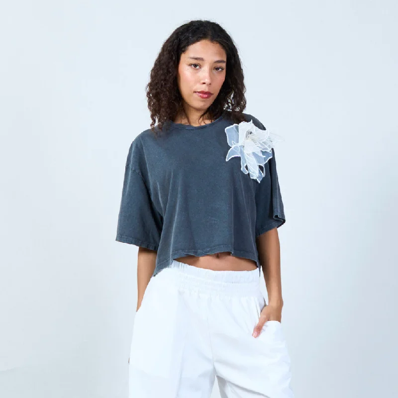 Warehouse Sale Black wash t-shirt with floral overlay wholesale