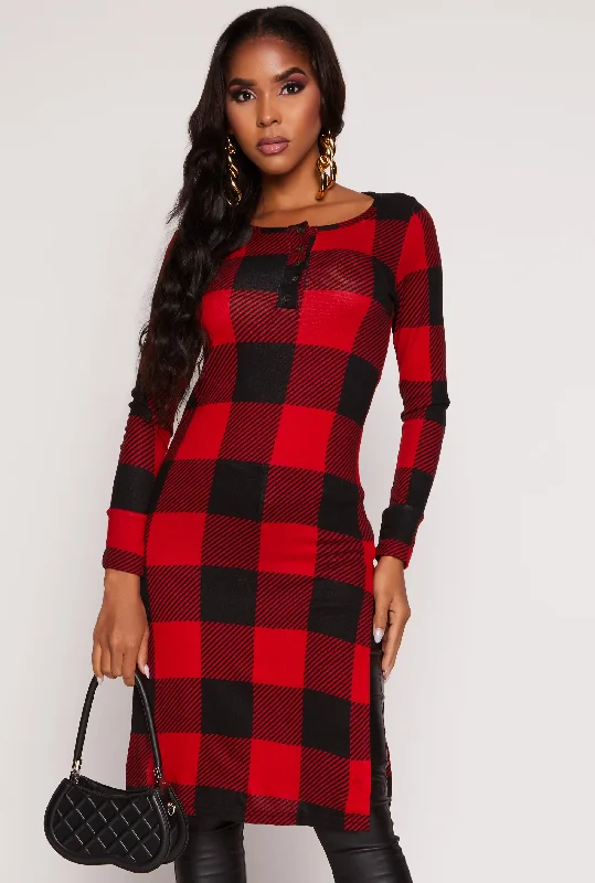 Price Drop Plaid Side Slit Long Sleeve Tunic Top