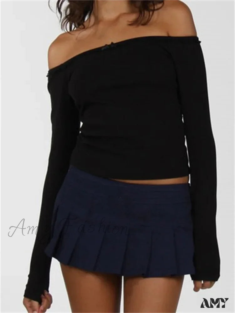 Deal Zone Amy Fashion - Long Sleeve Slash Neck Bow Patchwork T-Shirts
