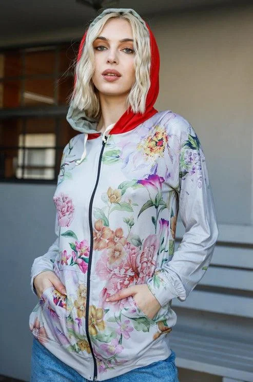 Markdown Sale Women & Plus Size Floral Print Zip-Up Hooded Sweatshirt