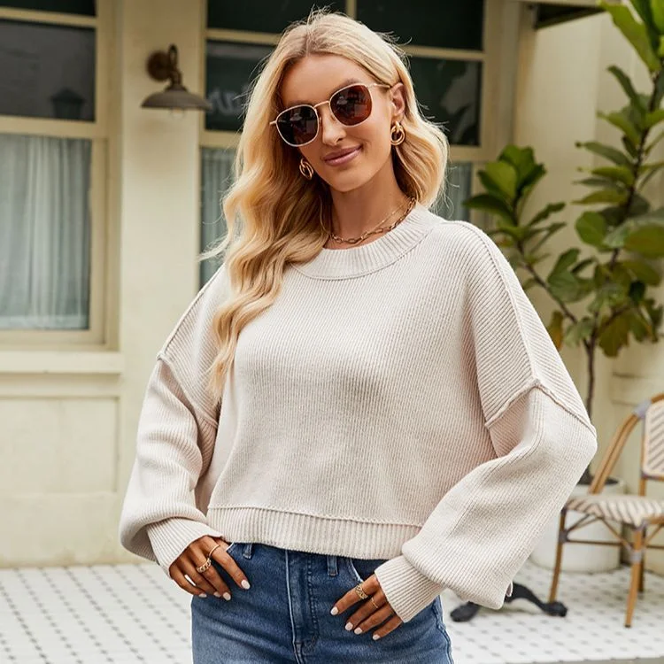 Instant Deal Long Sleeve Crew Neck Knitted Cropped Pullover Sweater Wholesale Womens Clothing N3823110200042