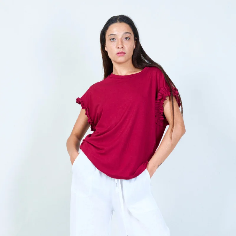 Time-Sensitive Casual crew neck top with ruffle sleeves wholesale