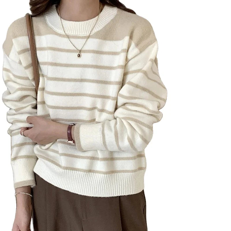 Weekend Savings Sensation 2024 Spring and autumn new arrival high quality girls crew neck long sleeve striped loose jacquard knit pullover sweater Weekend Savings Sensation 2024 Spring and autumn new arrival high quality girls crew neck long sleeve striped loose jacquard knit pullover sweater