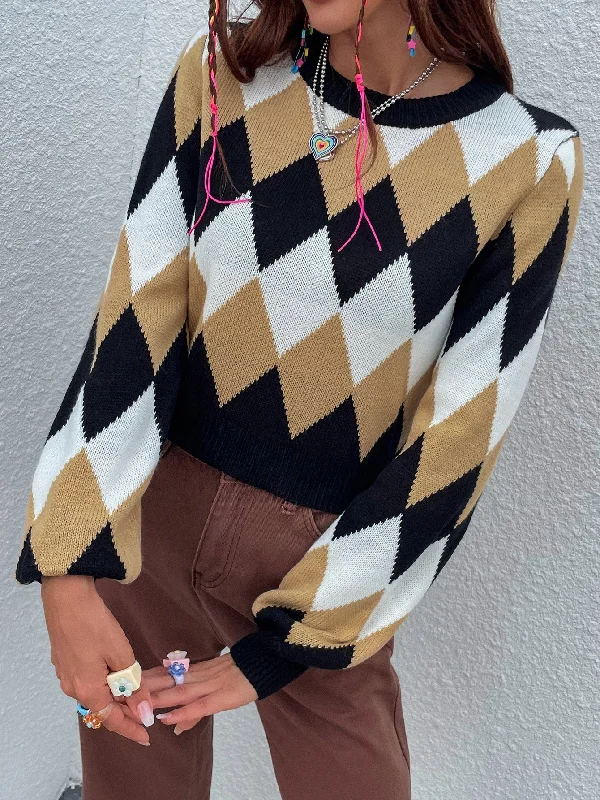 Online Deal Preppy Geometric Long Sleeve Round Neck Crop Women Sweater