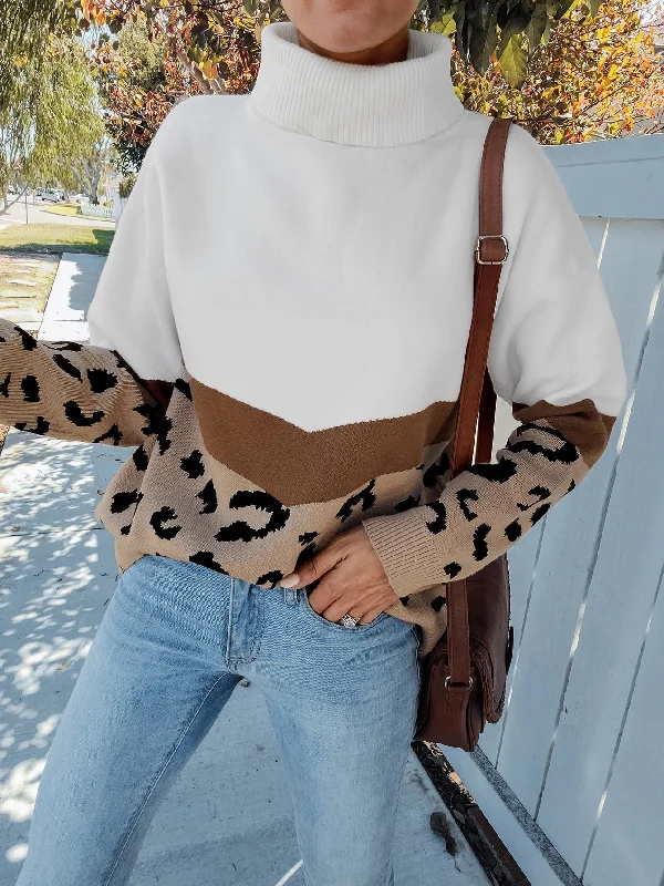 Super Savings Casual Leopard Long Sleeve High Neck Regular Women Sweater