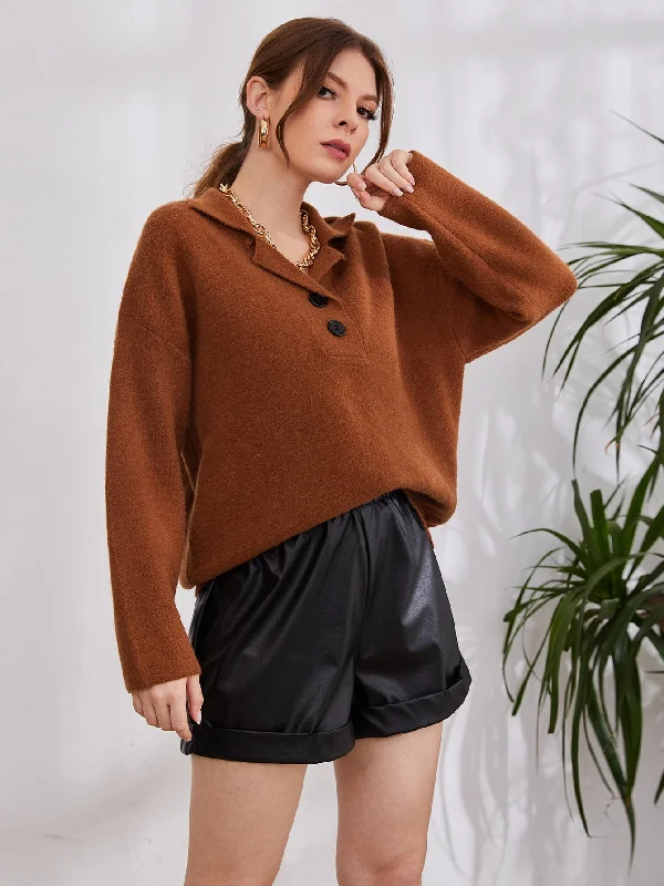 Weekend Discounts You Deserve Casual Plain Button Long Sleeve Collar Regular Women Sweater
