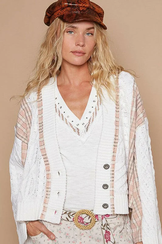 Time-Limited Offer POL Cable-Knit Plaid V-Neck Button Up Cardigan