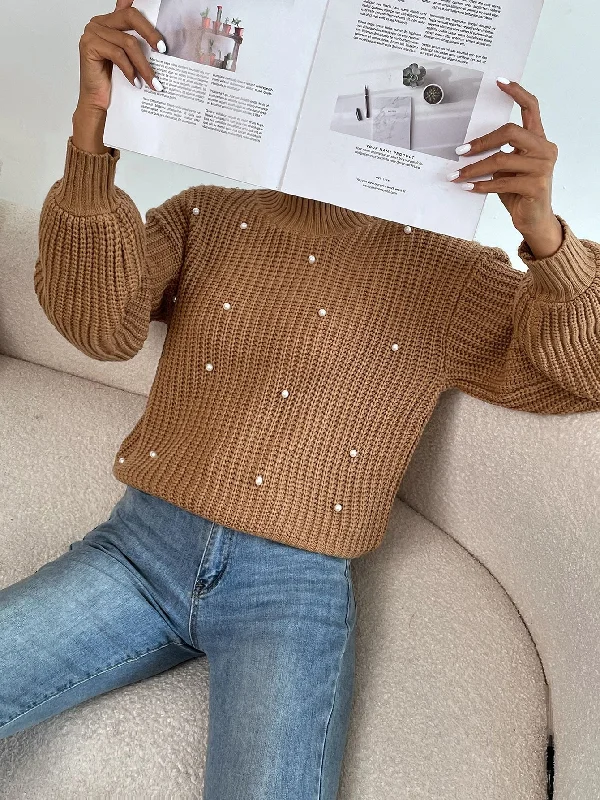 Early Bird Discount Casual Plain Pearls Long Sleeve Stand Collar Regular Women Sweater