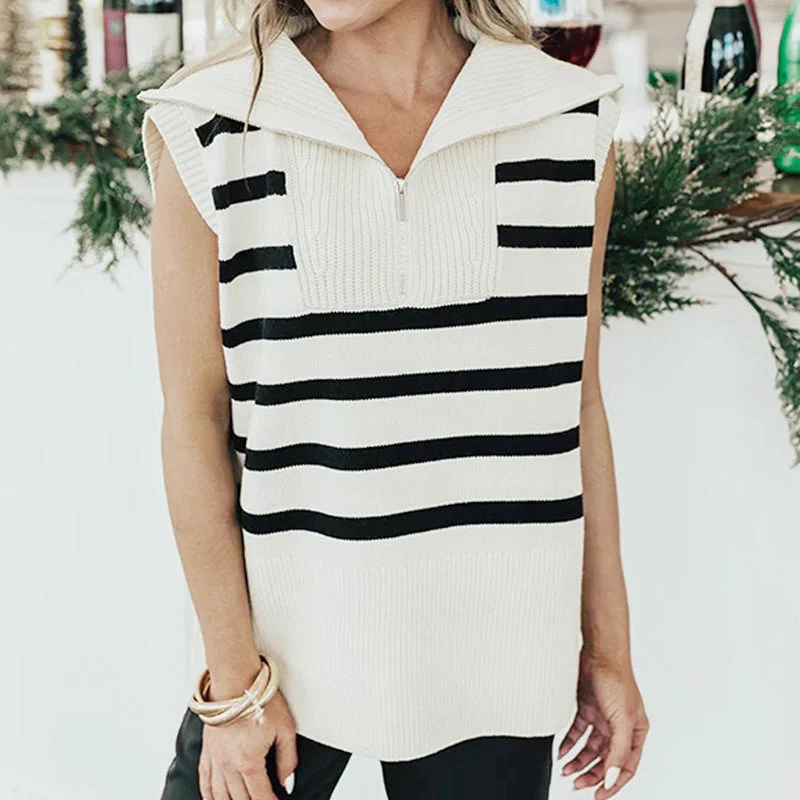 Weekend Wonders Await! Lapel Striped Half-Zip Sweater Vest Wholesale Womens Clothing N3824082900013 Weekend Wonders Await! Lapel Striped Half-Zip Sweater Vest Wholesale Womens Clothing N3824082900013