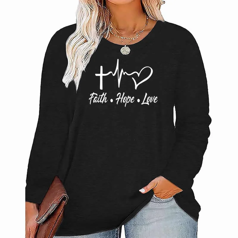 Instant Discount faith hope Love pattern Plus Size Women's Top Autumn X-Large-5X-Large woman clothes y2k t shirt oversized long sleeve tshirt