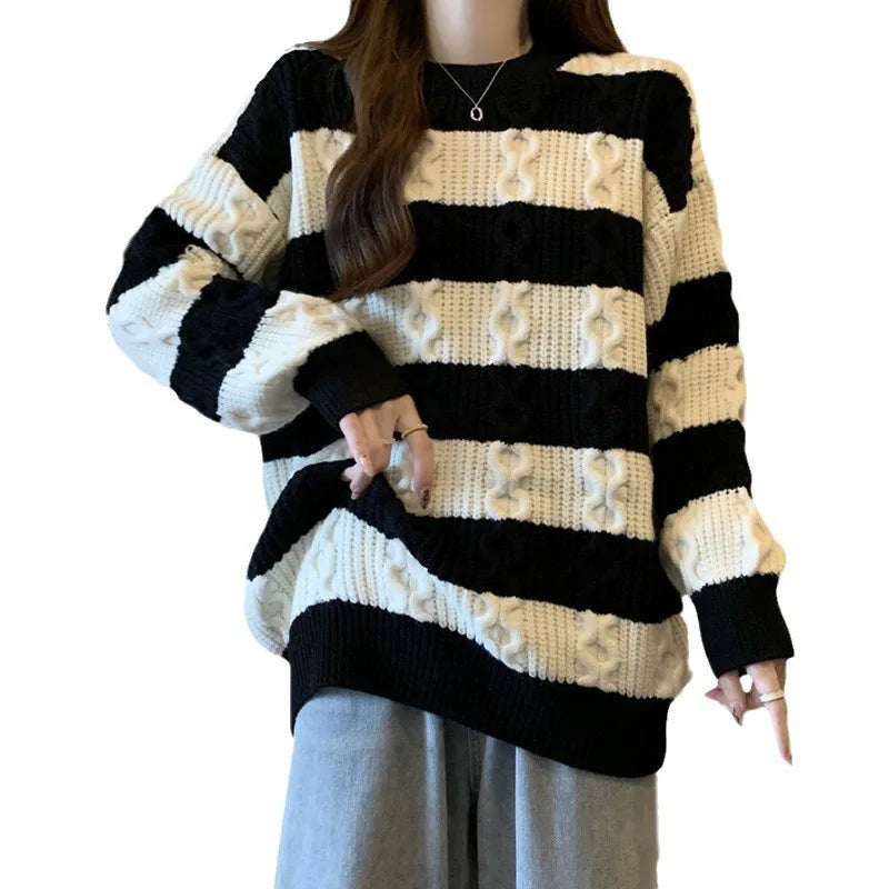 Unbeatable Prices 2024 Spring high-quality best-selling fashion women's round neck long Plus-size pullover sweater with striped sleeves
