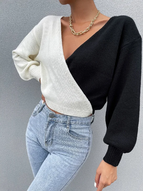 Clearance Items Sexy Plain Wrap Long Sleeve V Neck Crop Women Sweater