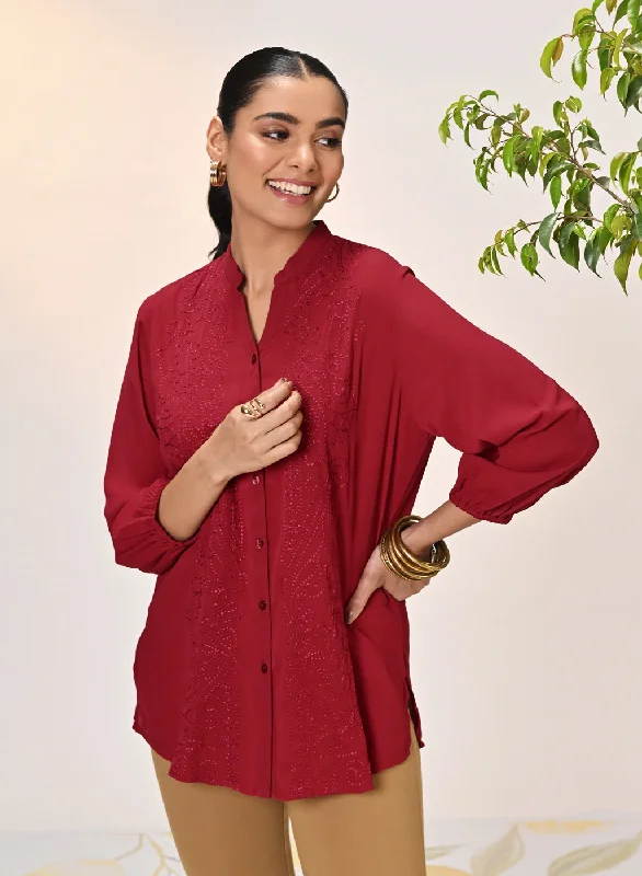 Flash Sale Ameera Red Embroidered Georgette Shirt for Women