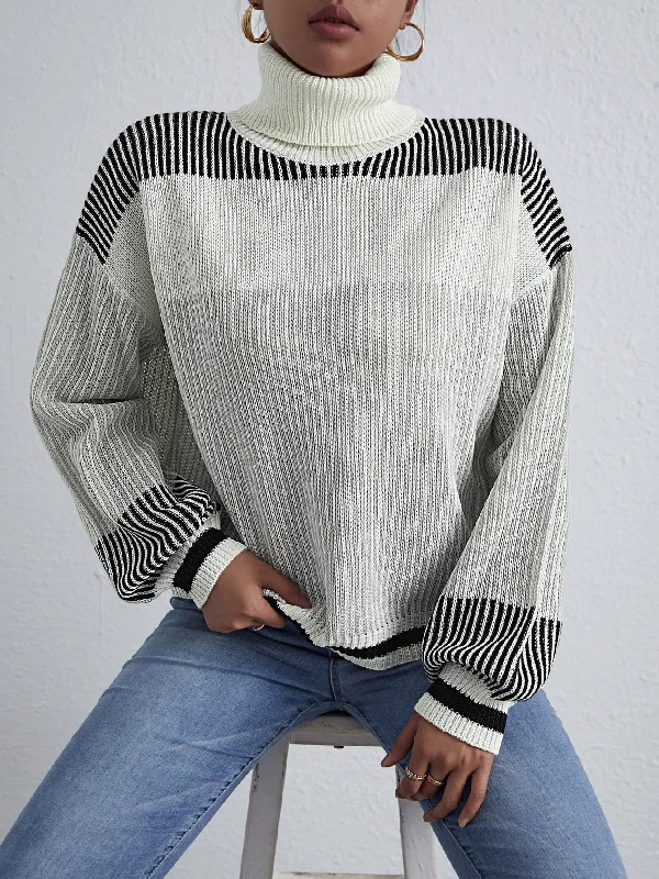 Massive Deal Casual Striped Long Sleeve High Neck Regular Women Sweater