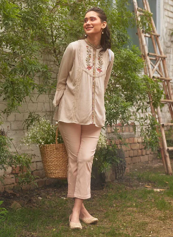 Huge Savings Pearl White Floral Embroidered Nargis Tunic