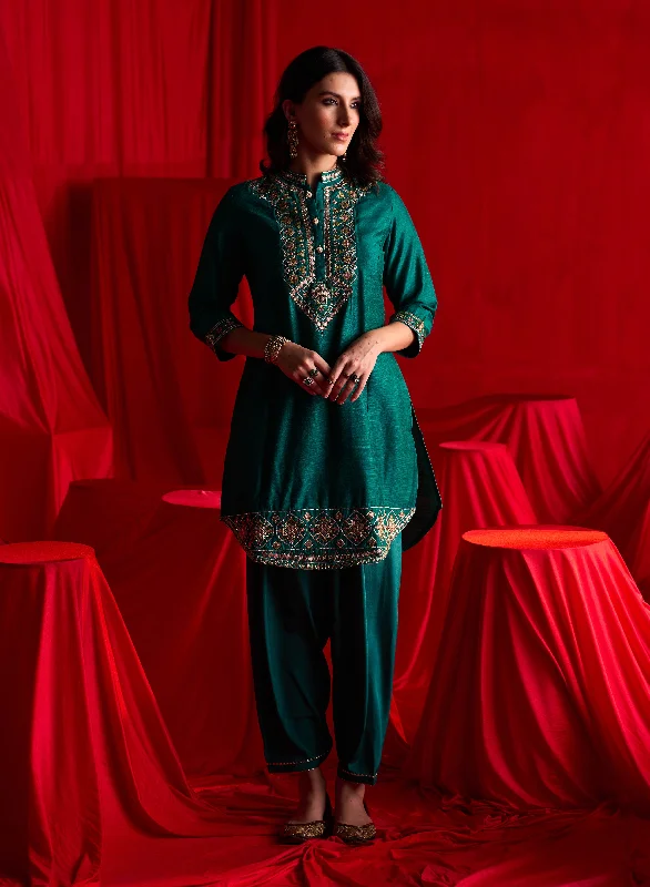 Great Bargains Teal Green Embroidered Party Wear Kurta Set with Mirror Work