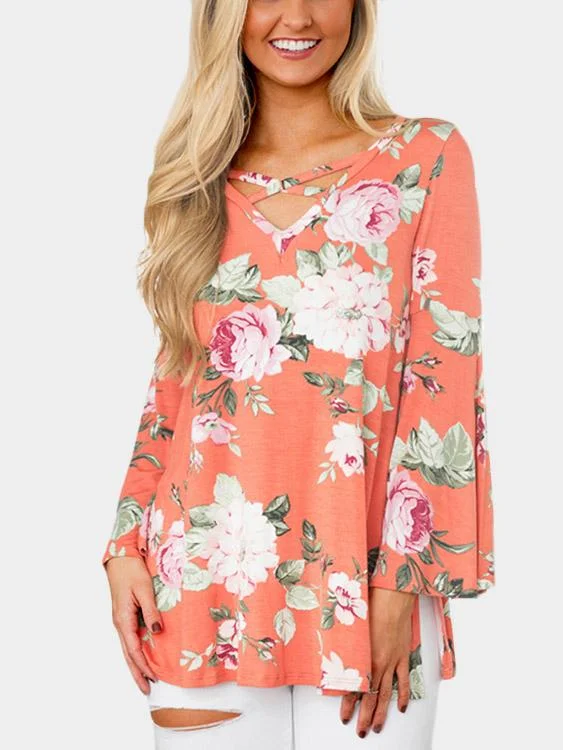 Instant Deal Custom V-Neck Floral Print Crossed Front Long Sleeve Orange T-Shirts